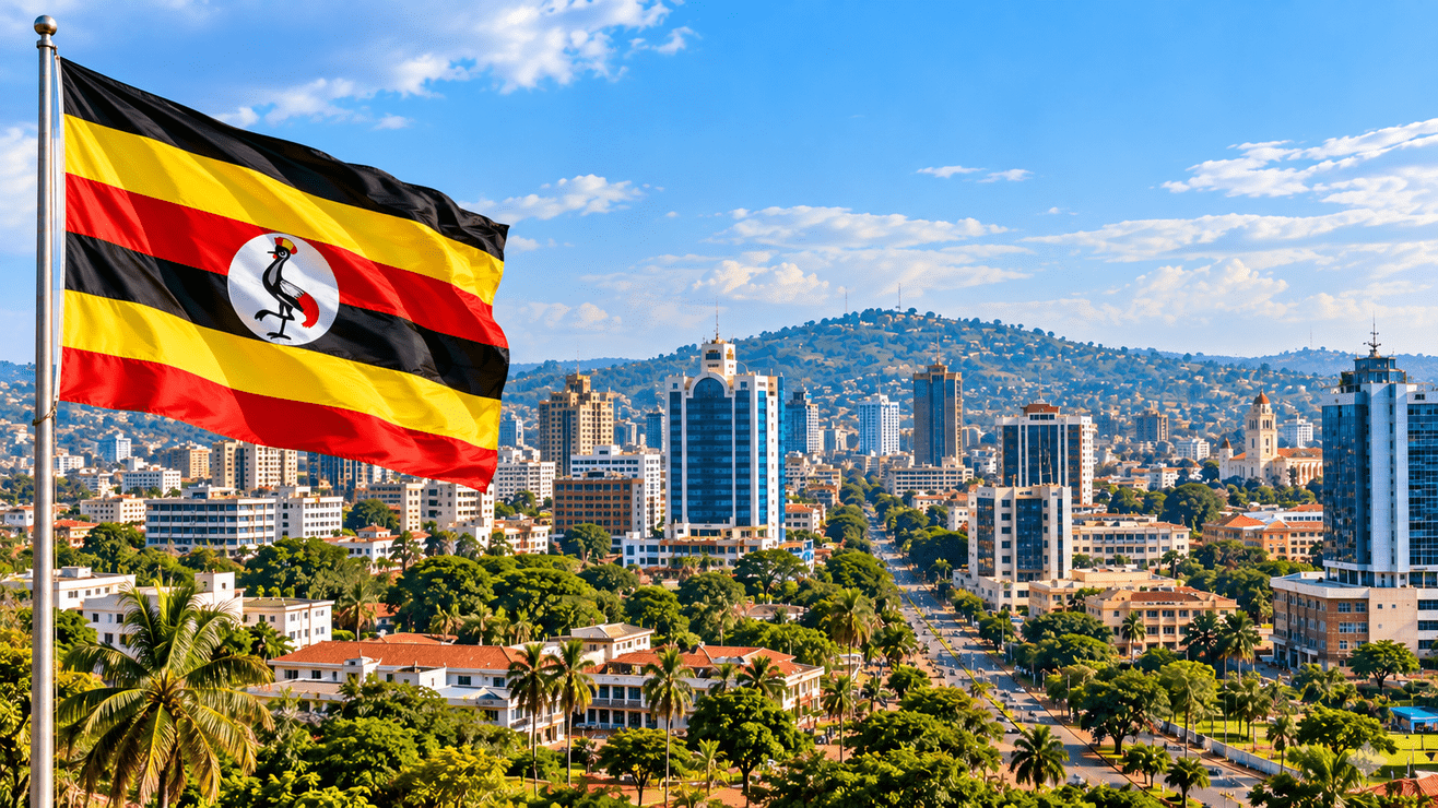 Kampala cityscape with Uganda flag